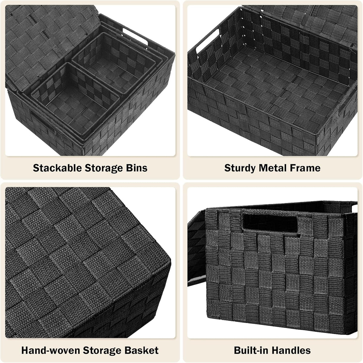 Storage Baskets with Lids: 5 Pack Stackable Woven Storage Bins, Black