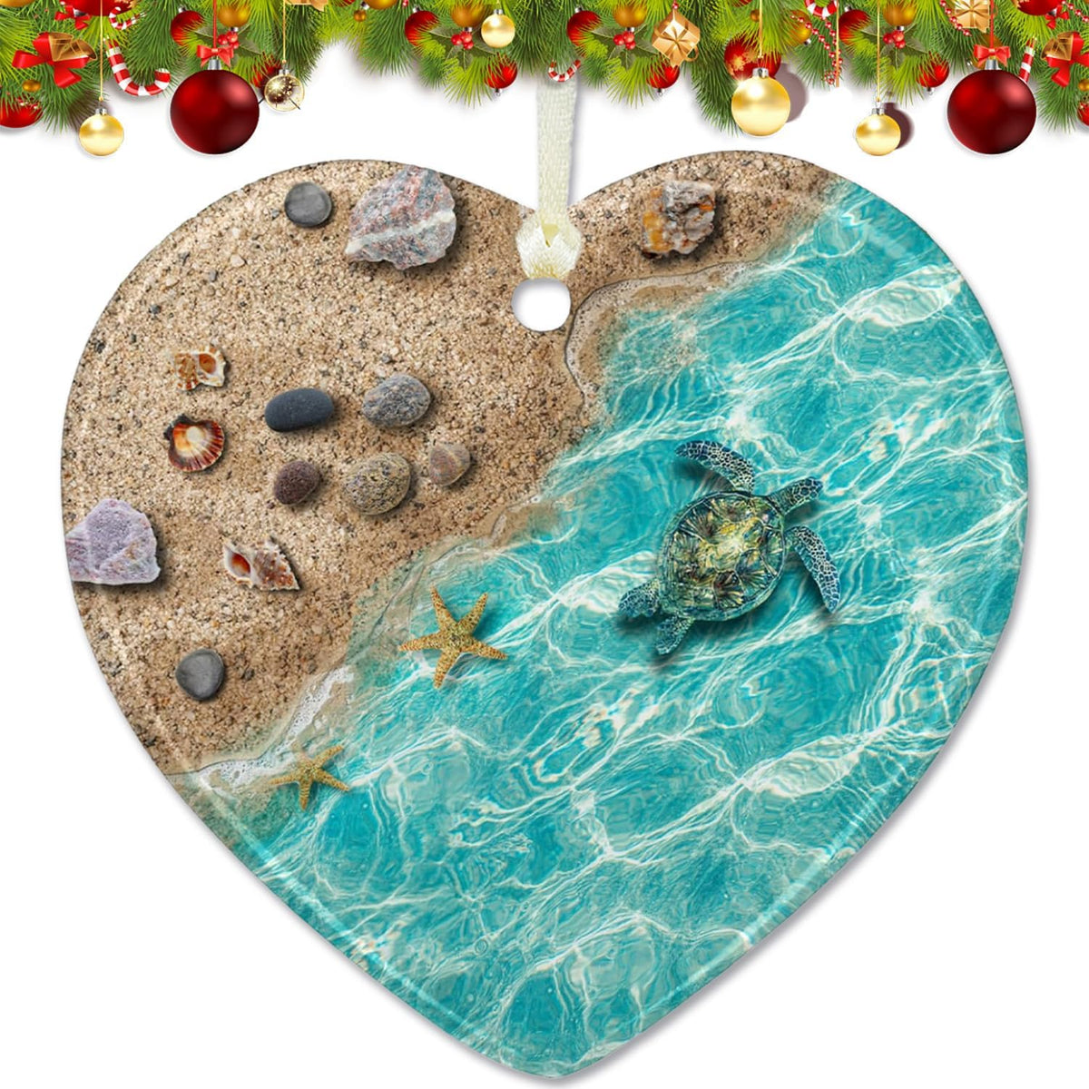 Sea Turtle Christmas Tree Ornaments 2025, Ocean Ornaments for Christmas Tree, Beach Christmas Ornaments for Home Decor (Love Beach)