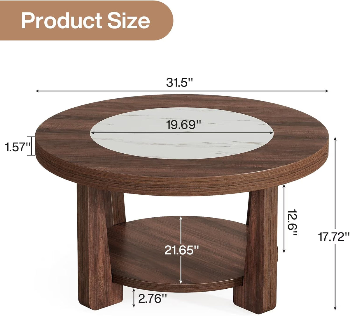 Coffee Table, 2-Tier round Coffee Tablefor Living Room, Industrial Circle Wood Accent Center Table with Heavy-Duty Wood Tabletop and Storage, Brown and White