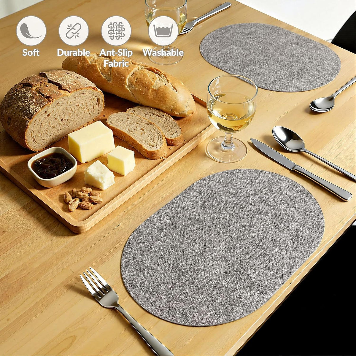 Heat Resistant Oval Placemats Set of 6, Light Grey