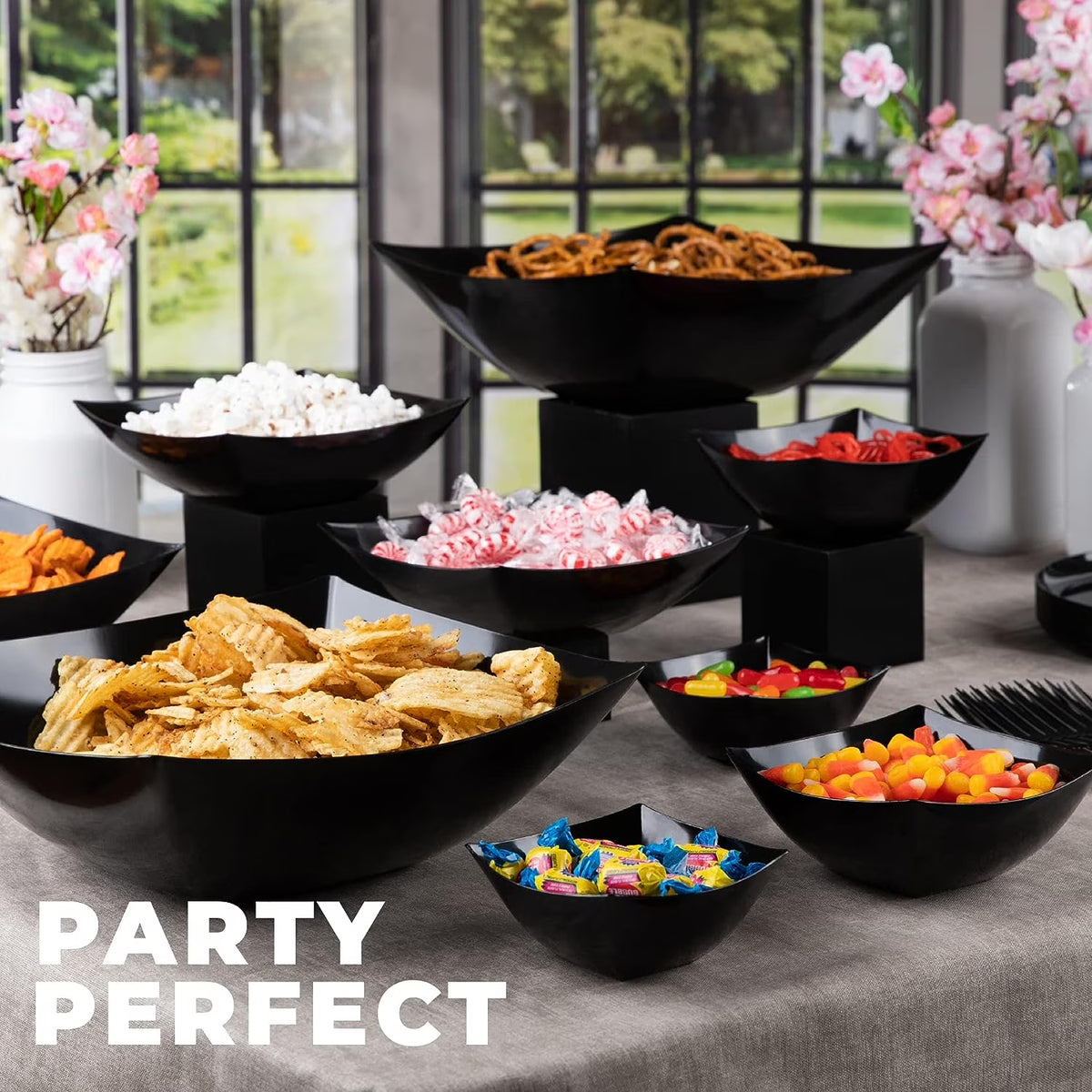16 Oz Disposable Serving Bowls Black Plastic Square Snack Bowls, 4-Pack