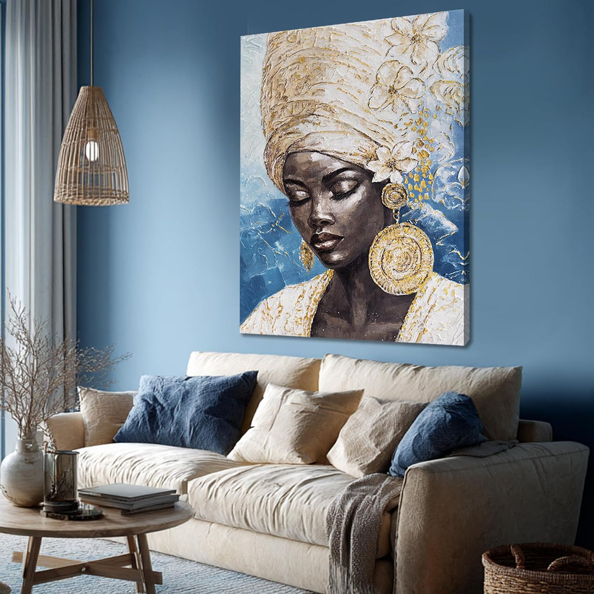 Blue Gold Black Woman Wall Art, Large African American Canvas Wall Art for Living Room Bedroom Office, Modern Portrait Wall Art Print, 32X48 Inch
