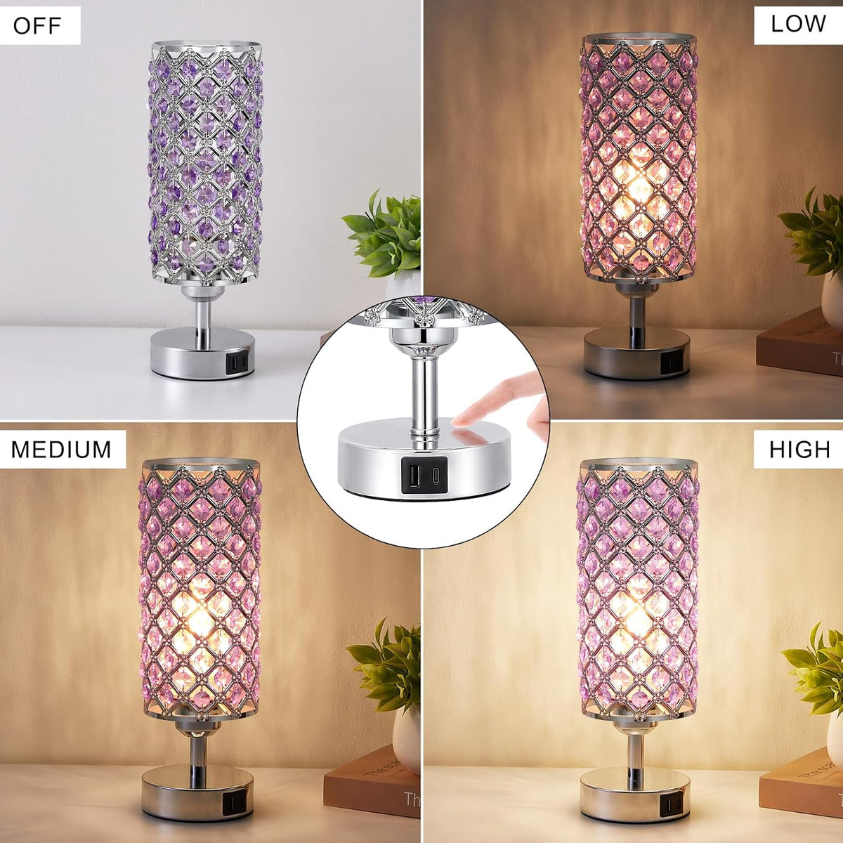 Purple Crystal Table Lamp with USB C+A 3-Way Dimmable Bedside Lamp