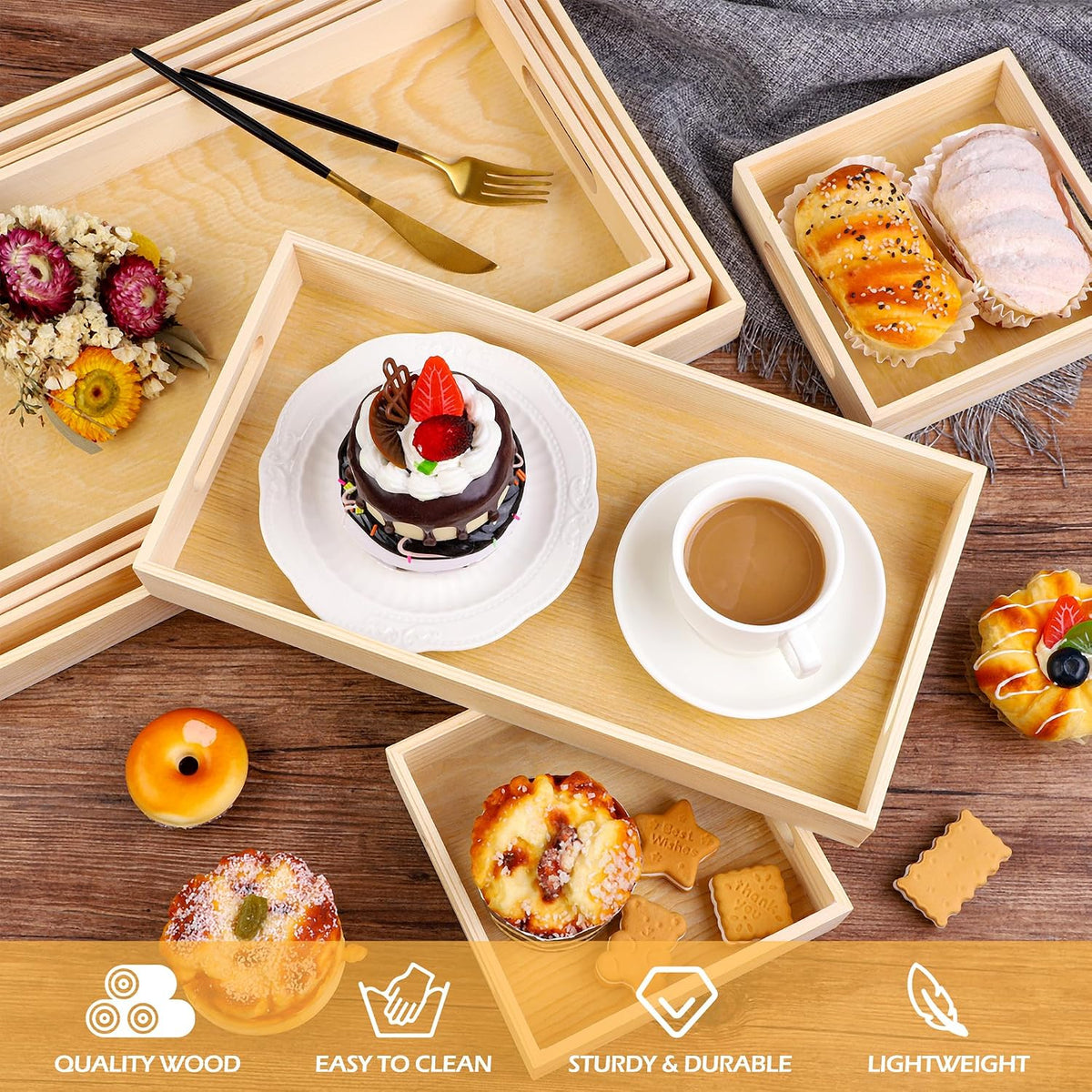 7 Pieces Wooden Trays, Wooden Nested Serving Trays