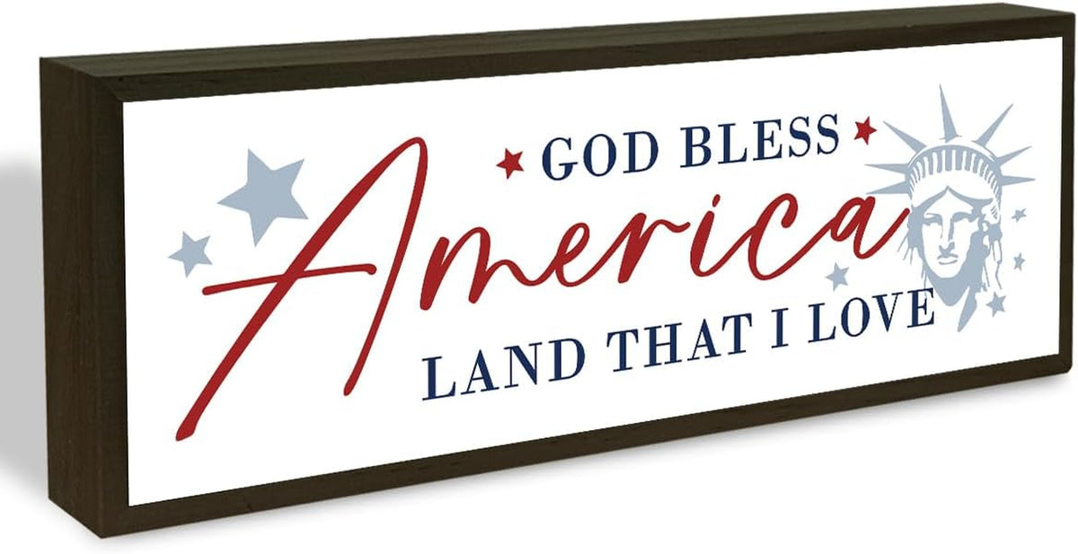 4Th of July Wooden Sign, God Bless America Land That I Love, Patriotic Home Decor Sign with Statue of Liberty, Independence Day Memorial Day Shelf Table Tiered Tray Display, 9.5X3.1 Inches