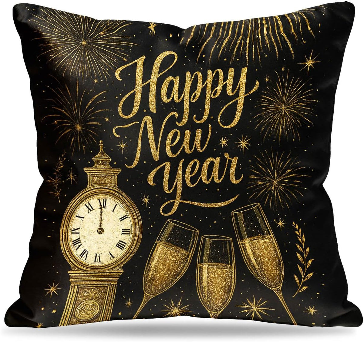 Set of 2 Happy New Year Throw Pillow Covers 18X18 Inch Soft Decorative Gold Black Celebration Cushion Covers Rustic Farmhouse Holiday Winter Pillow Cases for Sofa Couch Bed Home Decor