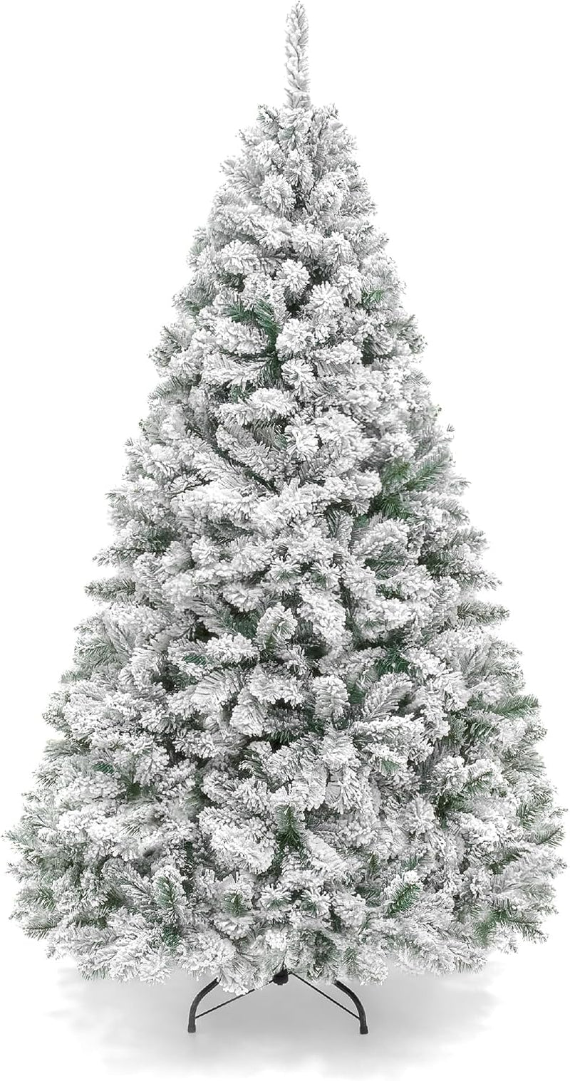 Artificial Flocked Christmas Tree, 6Ft Premium Unlit Pine Holiday Décor W/Full Branches, Metal Stand - Green