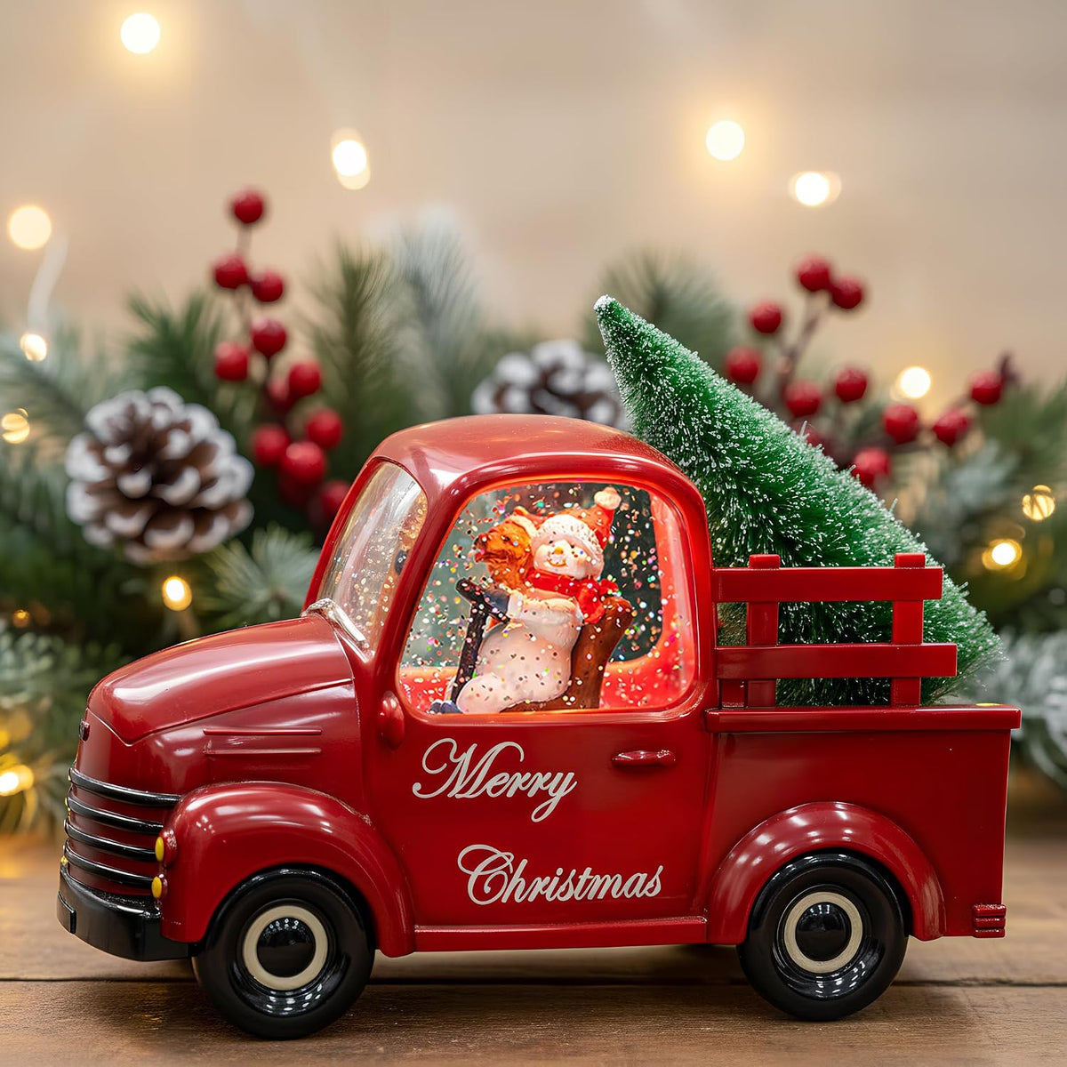 Christmas Snow Water Lantern Glittering Snowman and Pup in Red Truck with Christmas Tree, USB Lined/Battery Operated Lighted Spinning Lantern for Christmas Festival Decoration Gifts