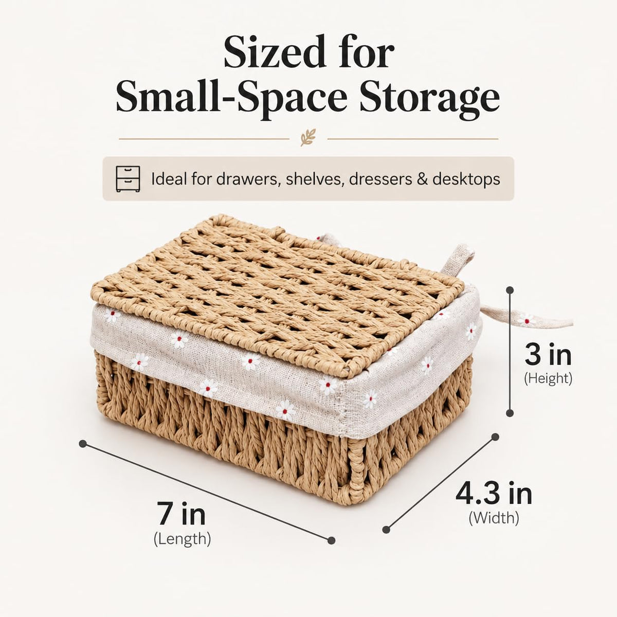 1PC Woven Storage Basket with Lid for Closet Shelf-Khaki Small