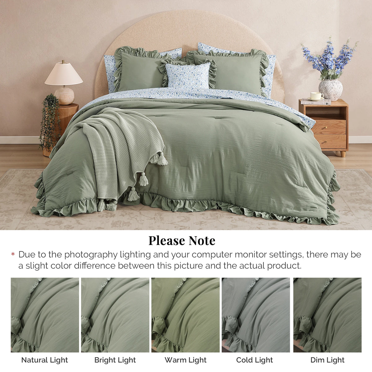 Ruffle Design 7-Piece Bed in a Bag Comforter Set with Sheets,Sage Green,Queen