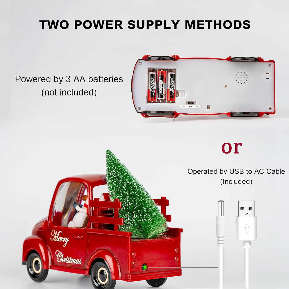 Christmas Snow Water Lantern Glittering Snowman and Pup in Red Truck with Christmas Tree, USB Lined/Battery Operated Lighted Spinning Lantern for Christmas Festival Decoration Gifts