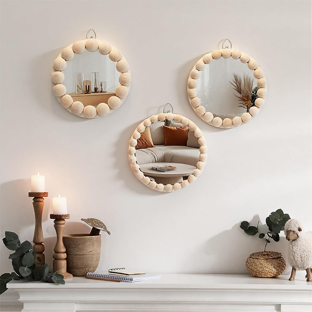 3 Pcs Boho Mirror Wall Decor 4.72 Inch Small round Circle Decorative Mirrors with Wood Bead Hanging Wall Art for Farmhouse Rustic Home Living Room, Bedroom, Bathroom, Entryway