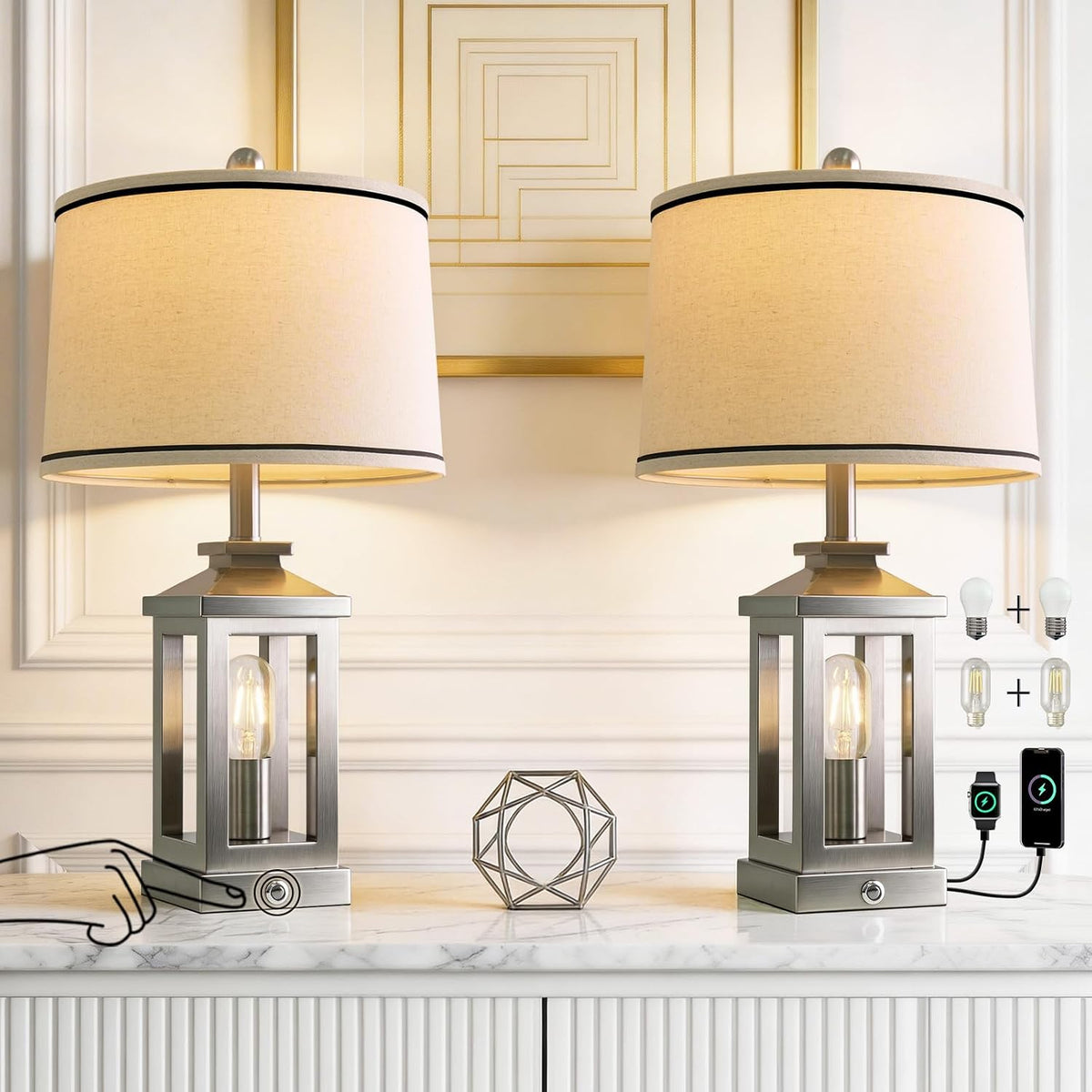Modern Table Lamps Set of 2 for Living Room 23.75" Bedroom Nightstand Lamps