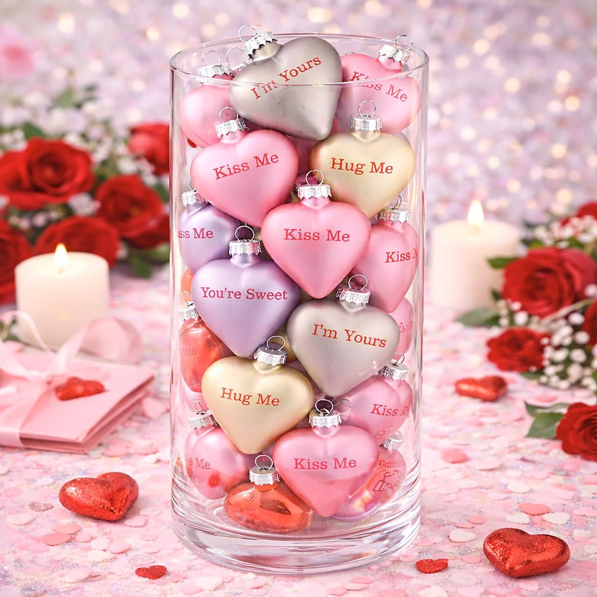 Pastel Candy Conversation Hearts Valentines Ornaments - 12-Piece Assortment, Blown Glass, Handcrafted Hanging Tree Decorations, Pastel Heart Holiday & Party Decor, 2.5 in Tall