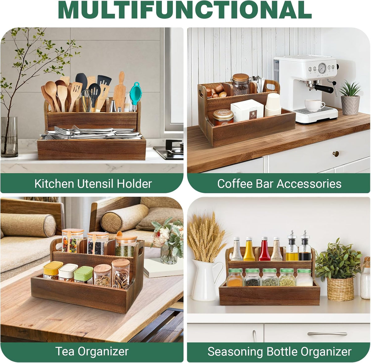 Kitchen Utensil Holder for Countertop with 4 Compartments Acacia Large Utensil Holder Wooden Storage for Cooking,Baking,Flatware Tool Kitchen Utensil Organizer
