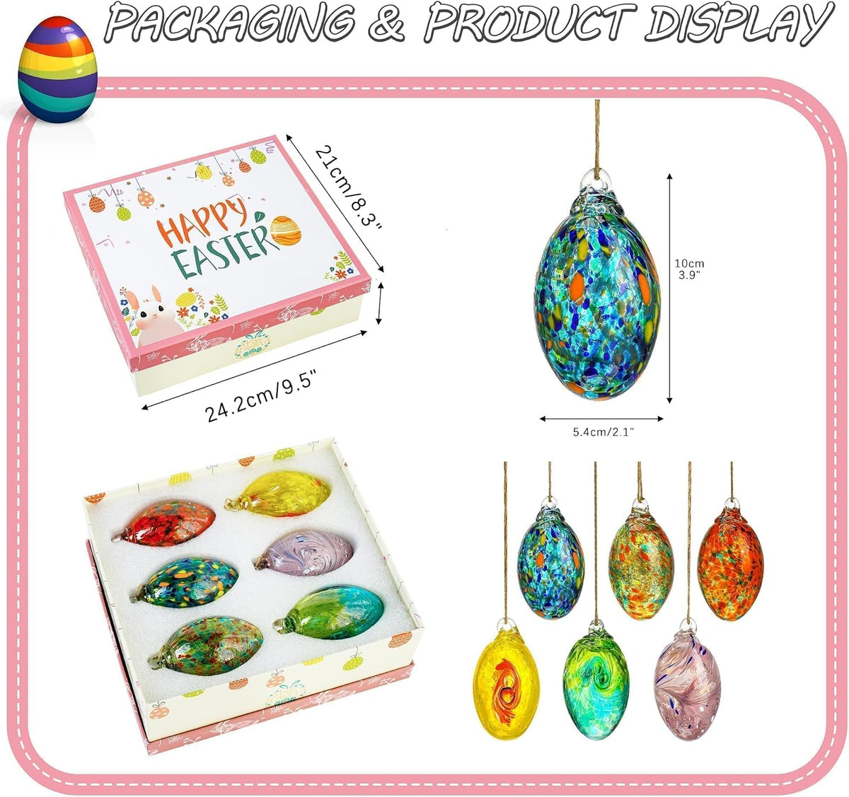 6PCS Blown Glass Egg Ball Ornaments Hanging Crystal Eggs Decorative Gifts