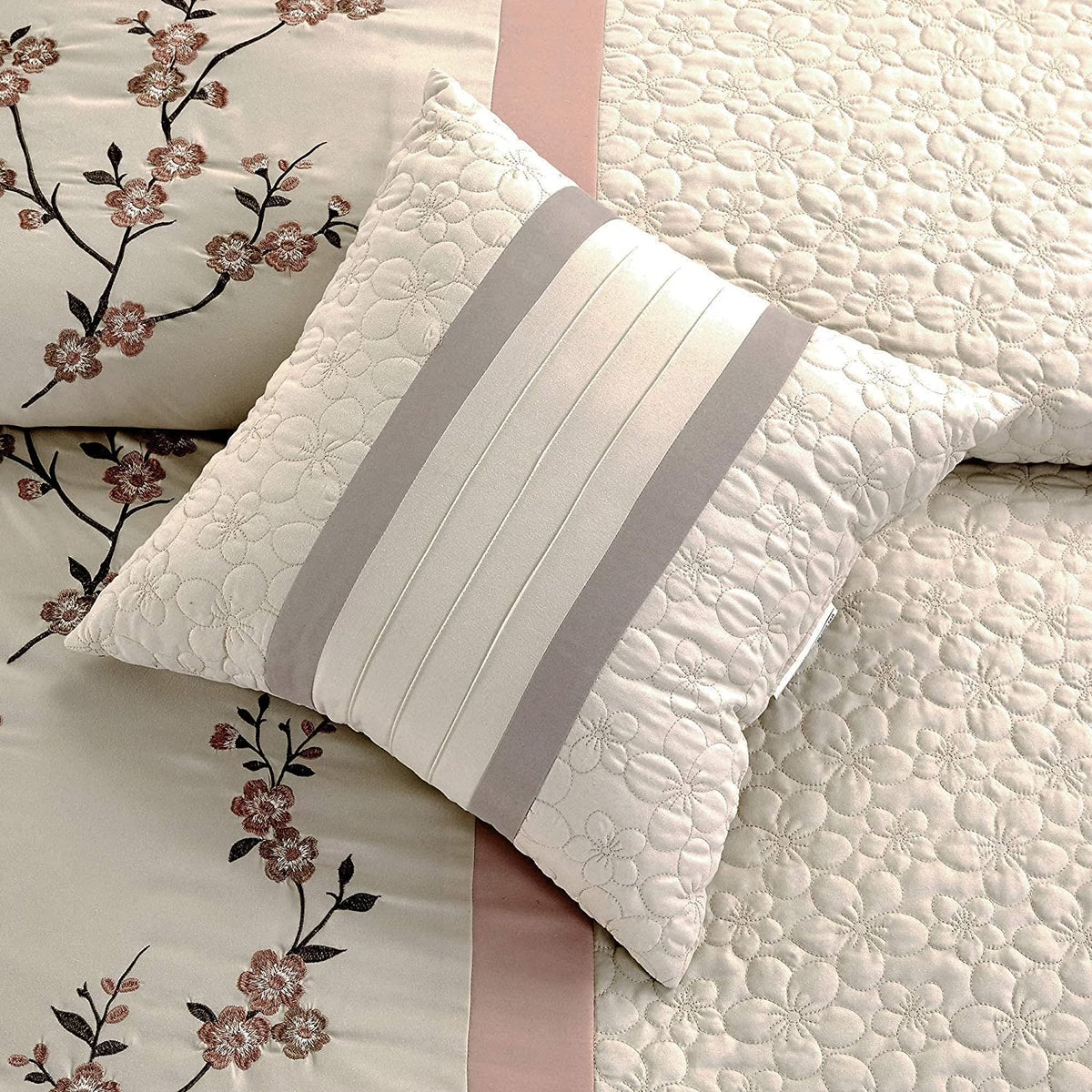 Linnea 7-Piece Luxury Blush Cherry Blossom Floral Embroidery Bedding Comforter Set, Queen