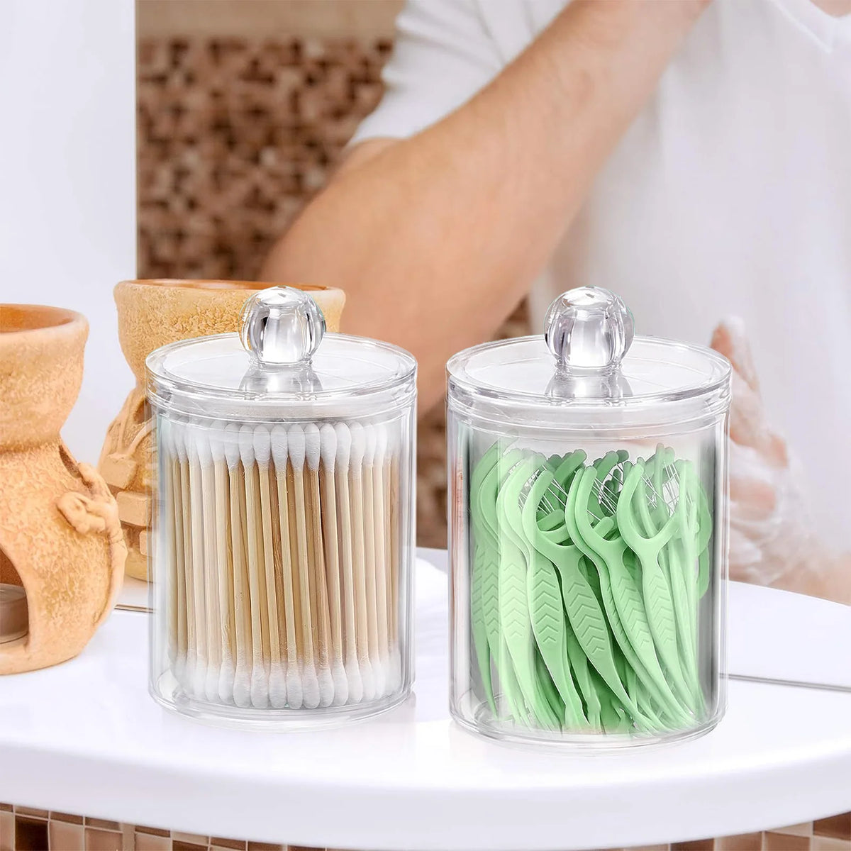 4 Pack Qtip Holder Dispenser for Cotton Ball,Cotton Swab,Cotton round Pads,Floss Picks - Small Clear Plastic Apothecary Jar Set for Bathroom Canister Storage Organization,Vanity Makeup Organizer