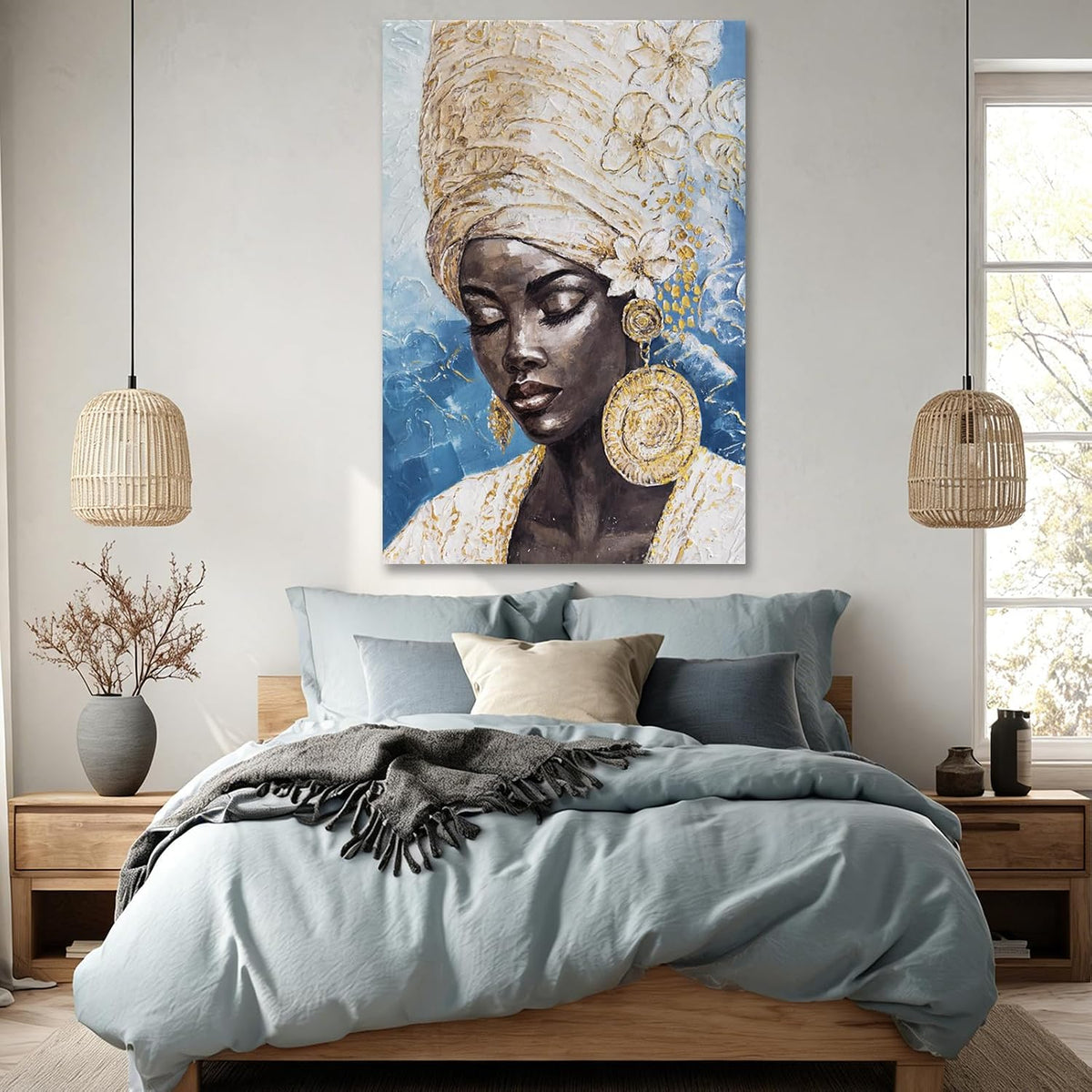 Blue Gold Black Woman Wall Art, Large African American Canvas Wall Art for Living Room Bedroom Office, Modern Portrait Wall Art Print, 32X48 Inch