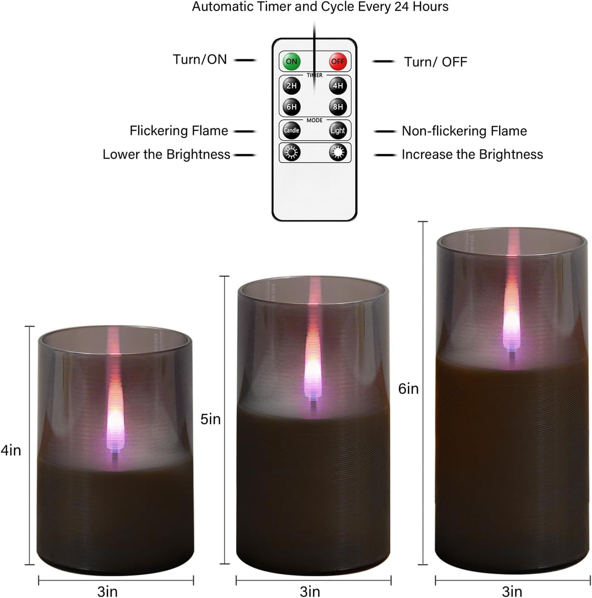 Flameless Candles Upgraded Realistic Flickering Flame,Battery Operated LED Candles with Remote Timers,Acrylic Electric Candles Set of 3(D 3" Xh 4" 5" 6")(Grey)