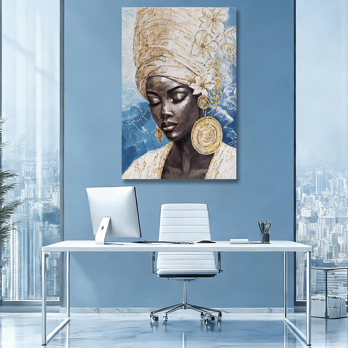 Blue Gold Black Woman Wall Art, Large African American Canvas Wall Art for Living Room Bedroom Office, Modern Portrait Wall Art Print, 32X48 Inch