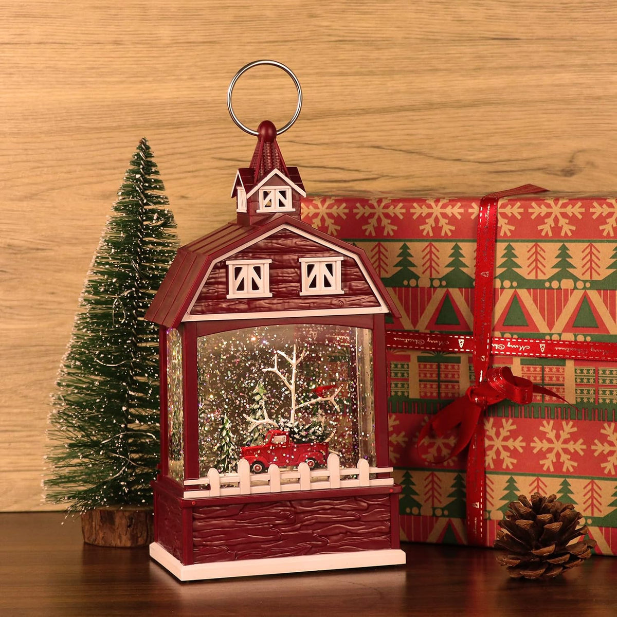 Red Truck Musical Snow Globe Lantern with 6H Timer