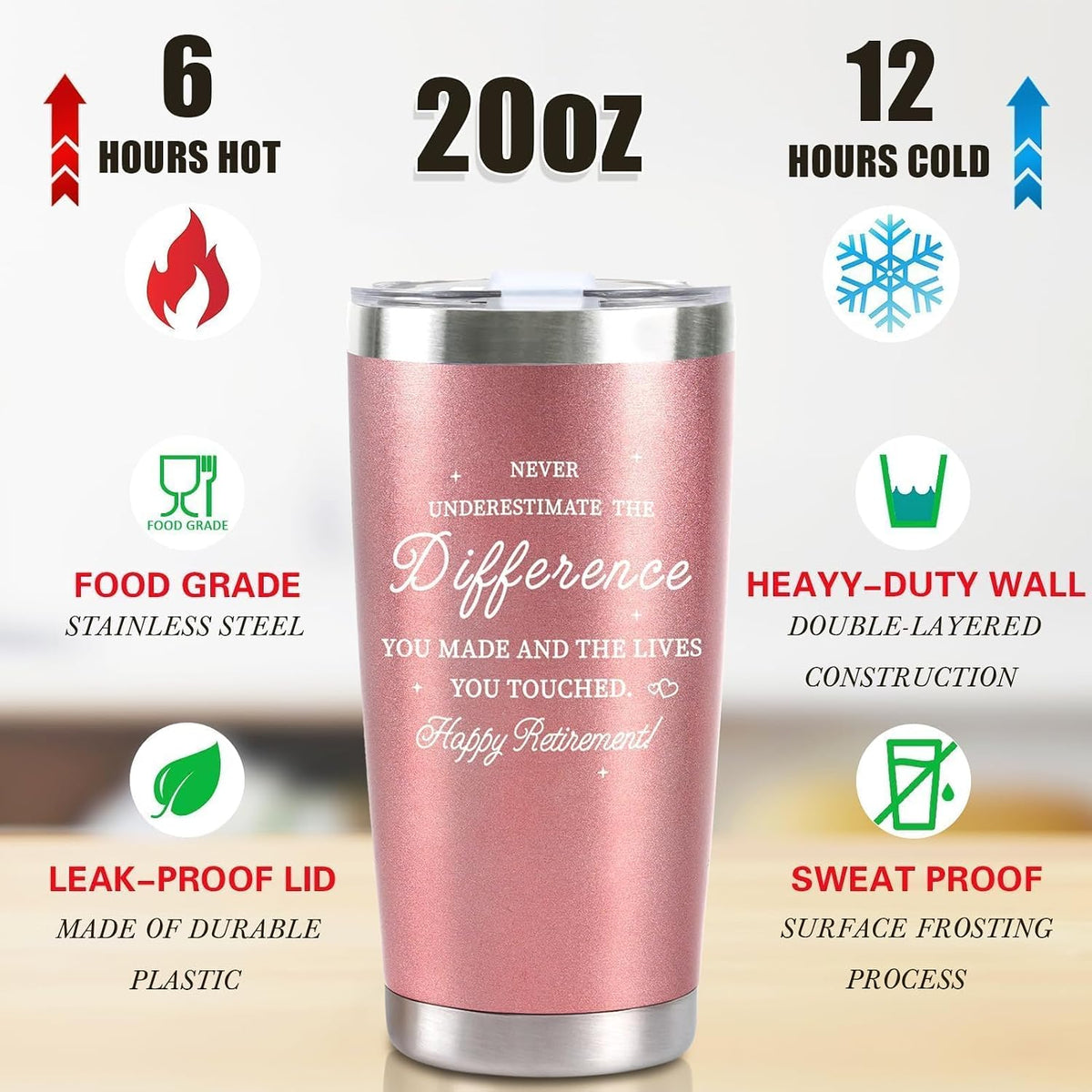 Retirement Gifts for Women, 20 Oz Retired Tumbler Cup with Lid & Straw, Best Retirement Gift Stainless Steel Cup for Women Coworker Teacher Nurses Her Mom Grandma Retirees Christmas, Rose Gold