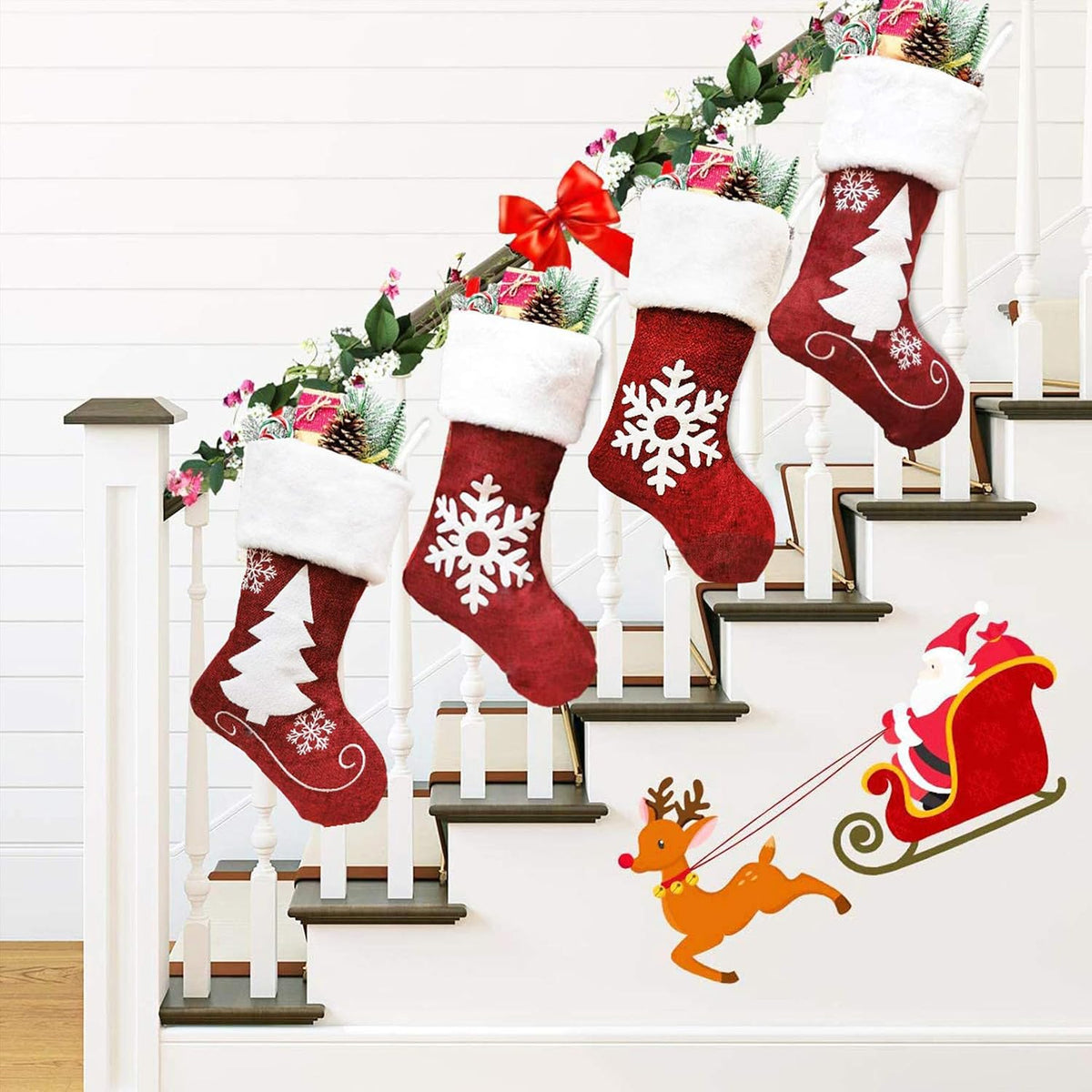 Christmas Stockings, 2 Pcs 18 Inches Christmas Stockings, Burlap with Large Plush Cuff Stockings, for Family Holiday Xmas Party Decorations (Red-Snowflake and Tree)