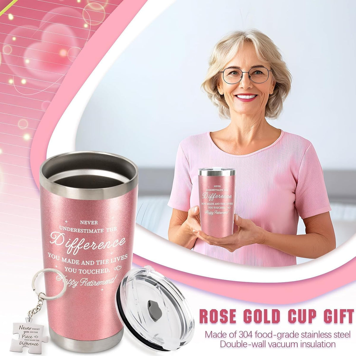 Retirement Gifts for Women, 20 Oz Retired Tumbler Cup with Lid & Straw, Best Retirement Gift Stainless Steel Cup for Women Coworker Teacher Nurses Her Mom Grandma Retirees Christmas, Rose Gold