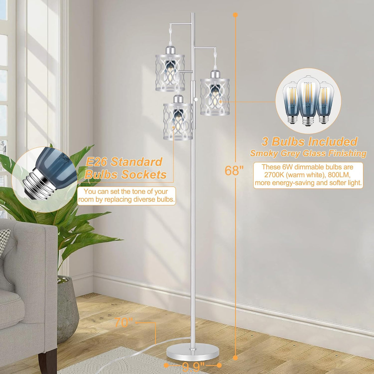 68" Farmhouse Floor Lamp, Dimmable Industrial Floor Lamps for Living Room, 3 Light Rustic Standing Tall Lamp Including 3 PCS 6W Edison Bulbs, Tree Floor Lamp for Bedrooms Room, Office, Bar, Silver