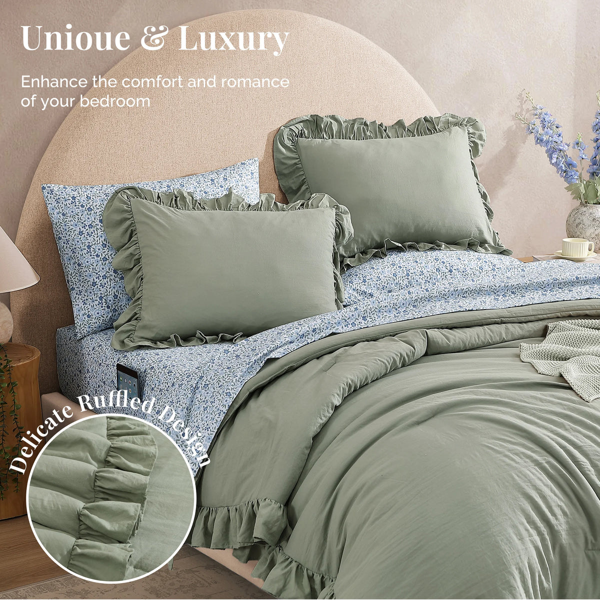 Ruffle Design 7-Piece Bed in a Bag Comforter Set with Sheets,Sage Green,Queen