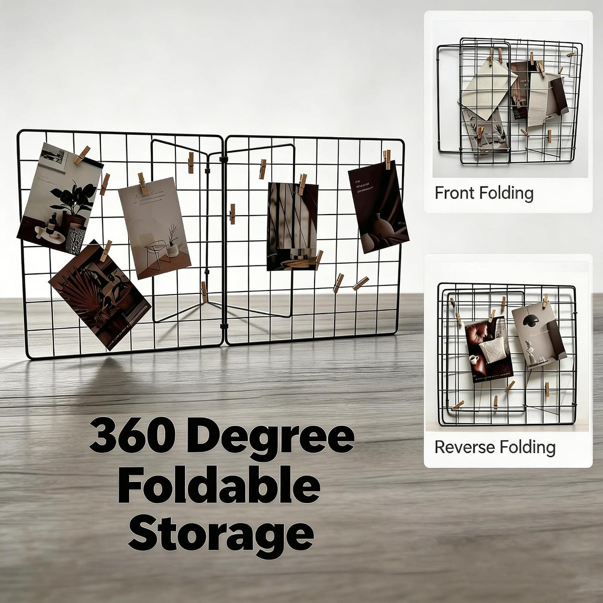 Foldable Desktop Photo Display Rack & Grid Display Board, Fold Flat for Easy Storage with 20 Wooden Clips – Photo, Accessory & Handcraft Display Organizer for Home Office Black