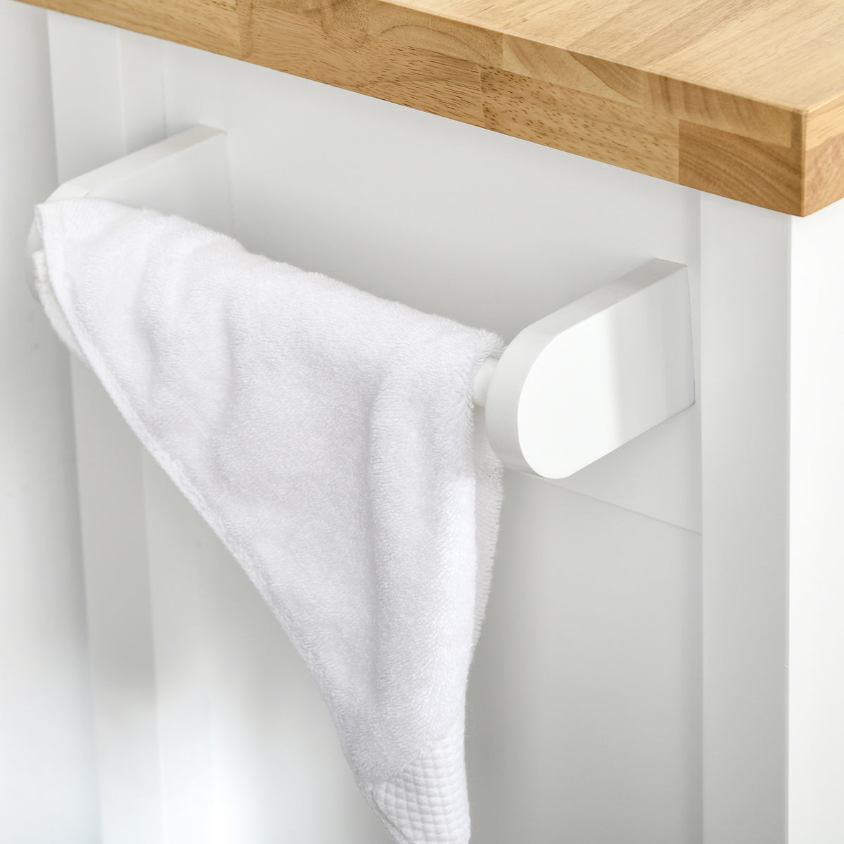Utility Kitchen Cart, Rolling Kitchen Island with Smooth Rubberwood Top, Narrow Butcher Block Surface on Wheels with Storage Drawer & Cabinet, White