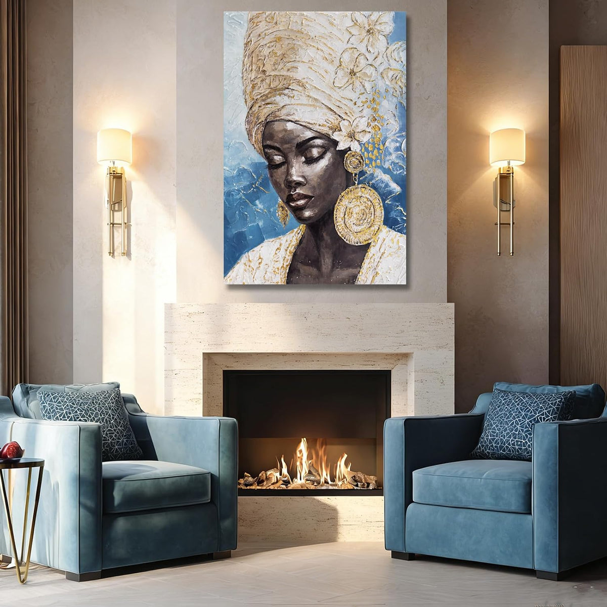 Blue Gold Black Woman Wall Art, Large African American Canvas Wall Art for Living Room Bedroom Office, Modern Portrait Wall Art Print, 32X48 Inch