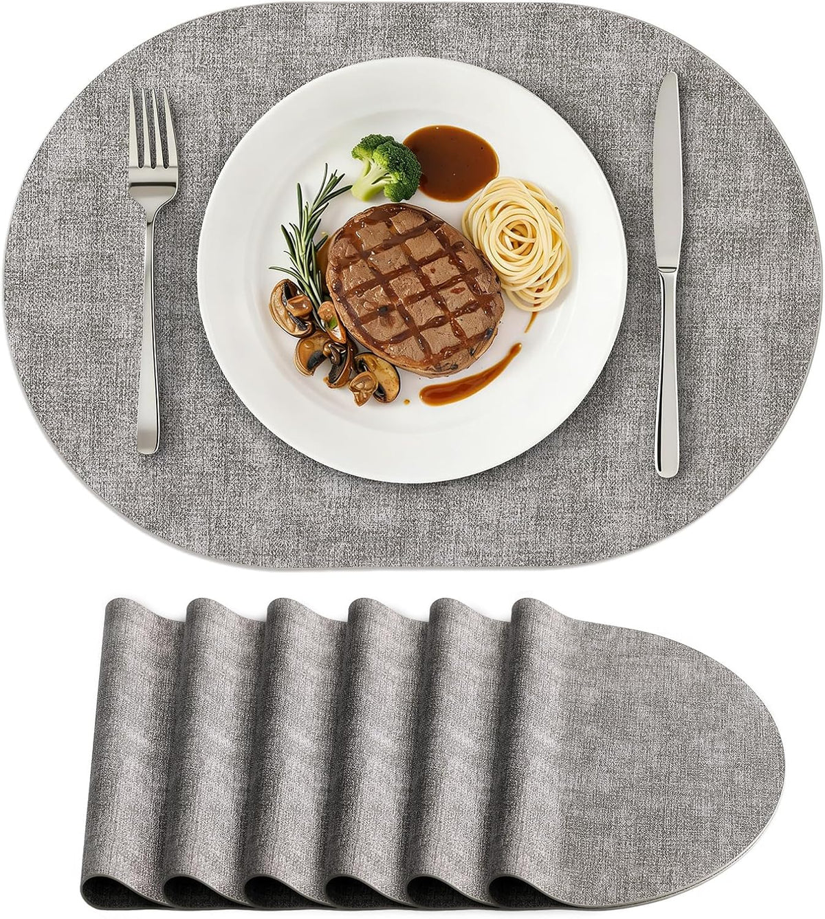 Heat Resistant Oval Placemats Set of 6, Light Grey