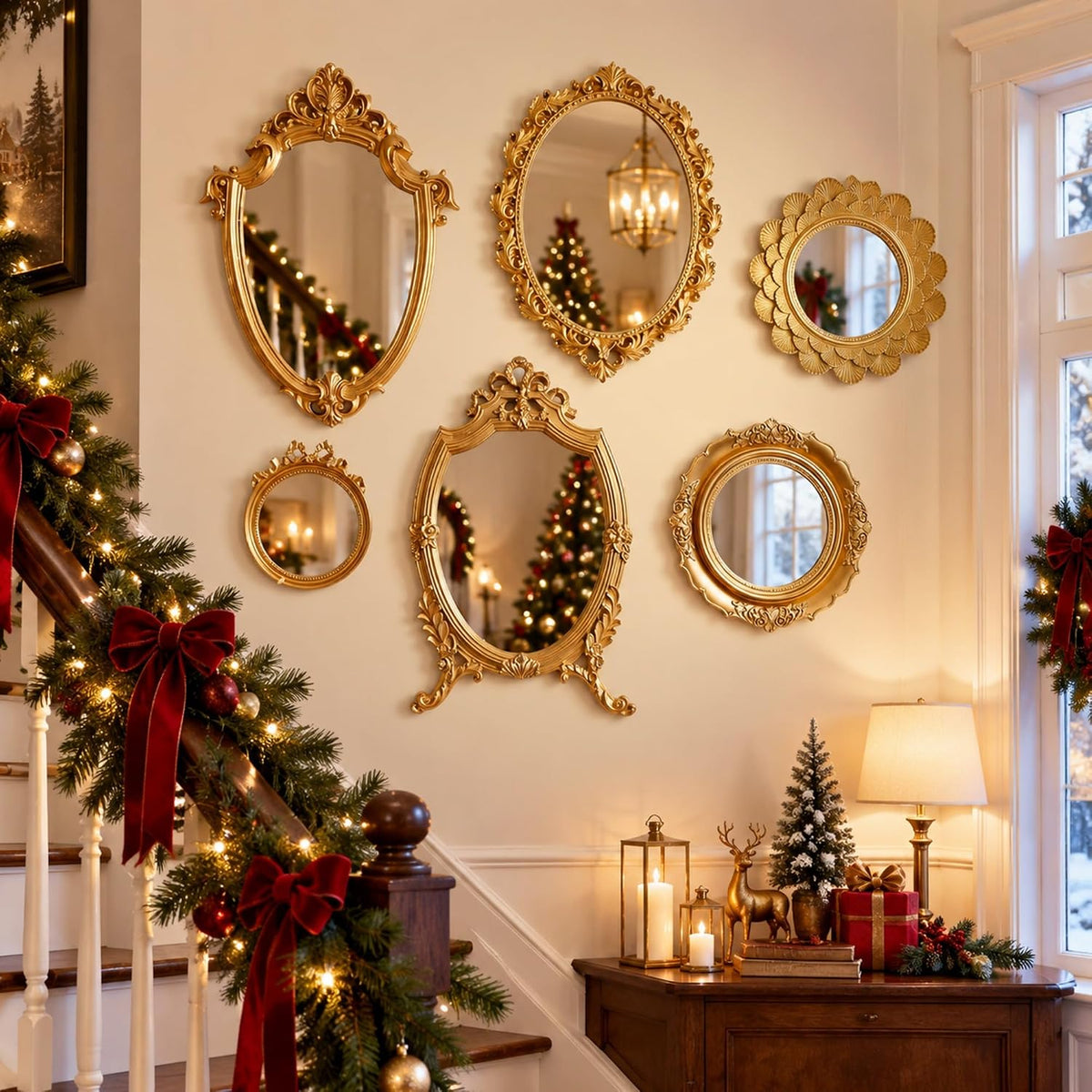 6 Pack Vintage Gold Mirror for Wall Gold Antique Wall Hanging Mirrors for Bedroom Decorative Resin Frame Baroque Style Assorted Sizes Tabletop Tray for Gallery Home Living Room Decor (Round)