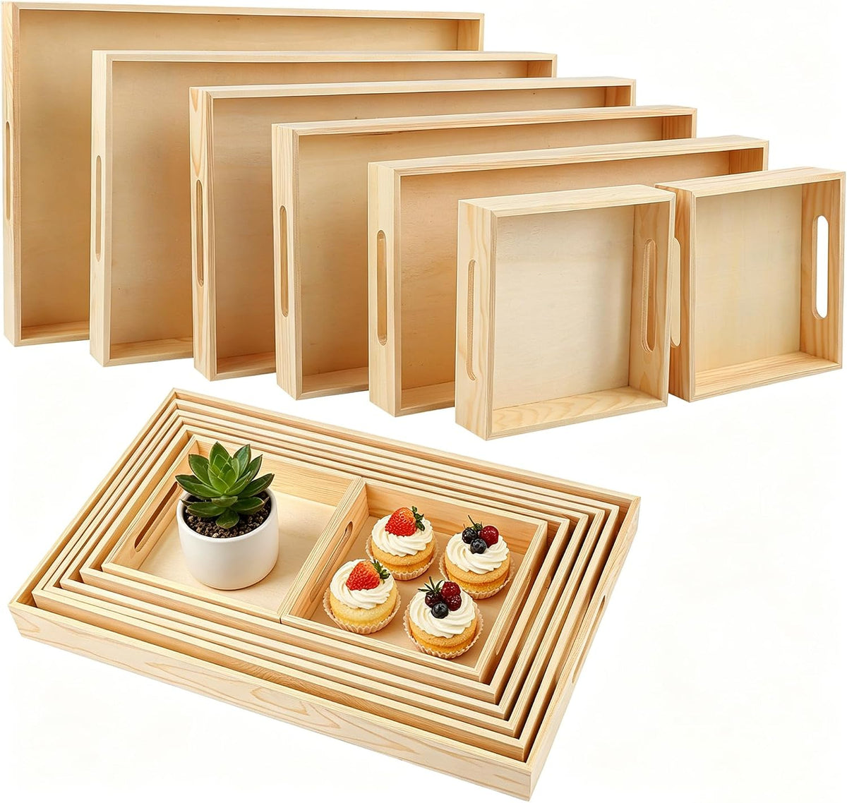 7 Pieces Wooden Trays, Wooden Nested Serving Trays