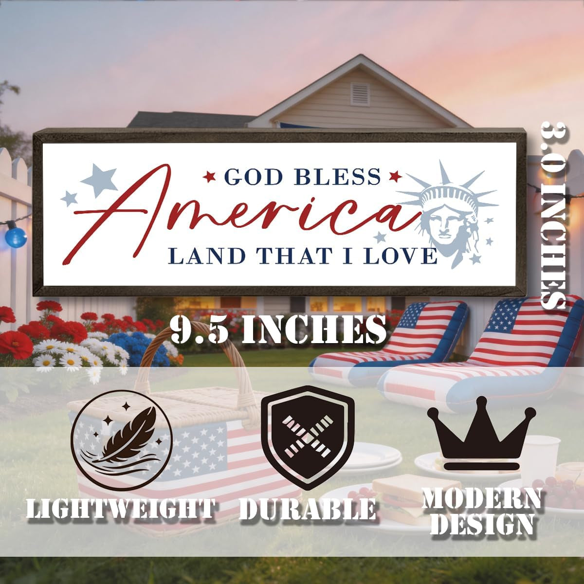 4Th of July Wooden Sign, God Bless America Land That I Love, Patriotic Home Decor Sign with Statue of Liberty, Independence Day Memorial Day Shelf Table Tiered Tray Display, 9.5X3.1 Inches