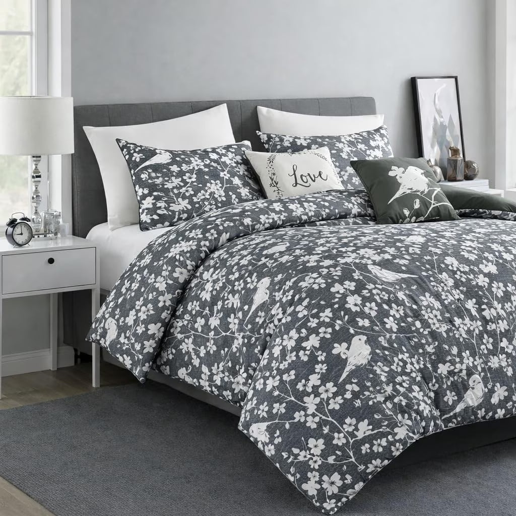 5-Piece Jacquard Comforter Set, Charcoal White Botanical Floral Bedding with Decorative Cushions, Soft Lightweight All-Season Bedding Set, King Size
