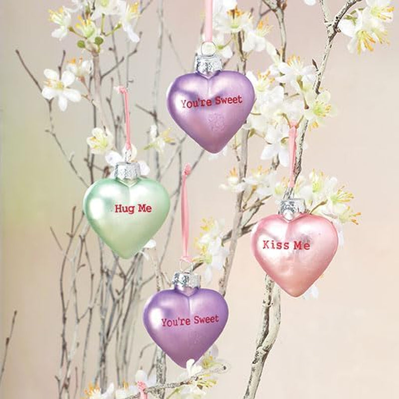 Pastel Candy Conversation Hearts Valentines Ornaments - 12-Piece Assortment, Blown Glass, Handcrafted Hanging Tree Decorations, Pastel Heart Holiday & Party Decor, 2.5 in Tall