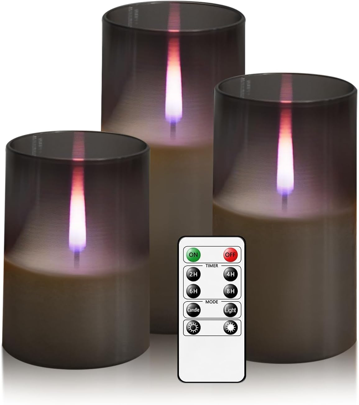 Flameless Candles Upgraded Realistic Flickering Flame,Battery Operated LED Candles with Remote Timers,Acrylic Electric Candles Set of 3(D 3" Xh 4" 5" 6")(Grey)