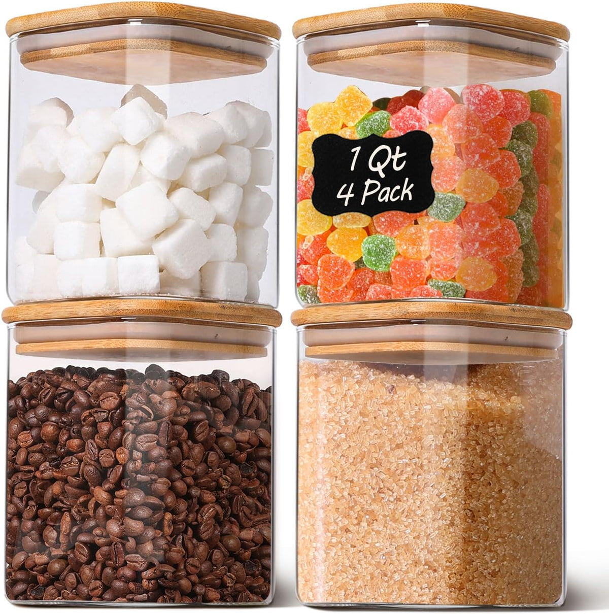 Glass Pantry Storage Containers with Bamboo Lids 1Qt 4 Pack Square