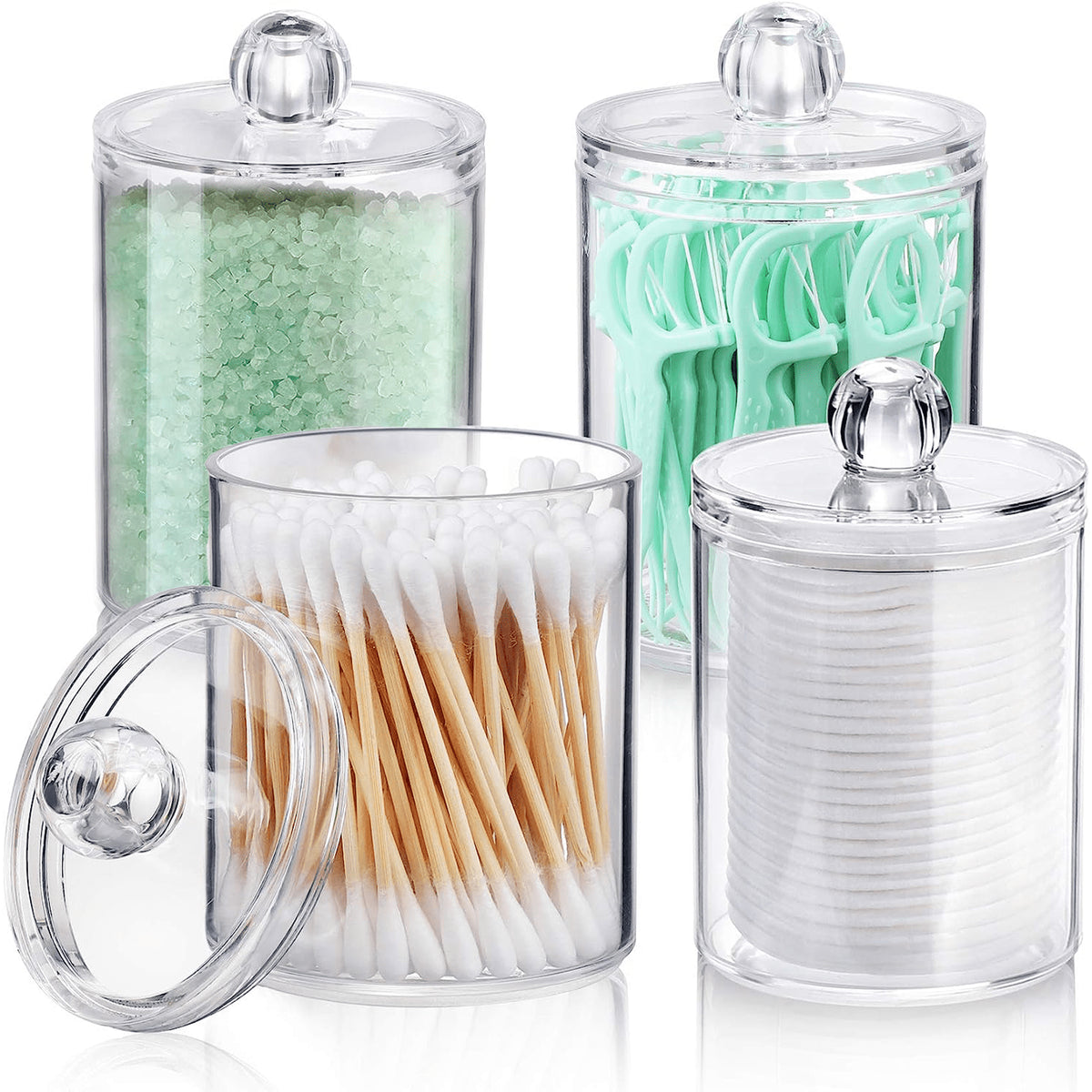 4 Pack Qtip Holder Dispenser for Cotton Ball,Cotton Swab,Cotton round Pads,Floss Picks - Small Clear Plastic Apothecary Jar Set for Bathroom Canister Storage Organization,Vanity Makeup Organizer