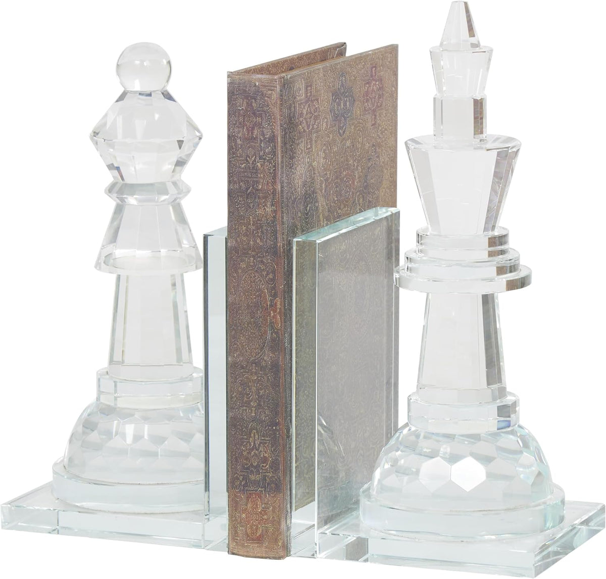 Deco 79 Crystal Chess Decorative Bookends Oversized Non Skid Bookends with Cut Crystal Designs, Set of 2 Office Bookends4 W, 10" H, Clear