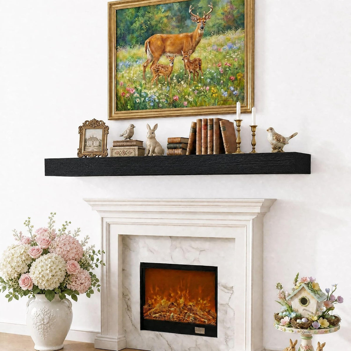 72 Inch Solid Wood Fireplace Mantel Shelf, Matte Black