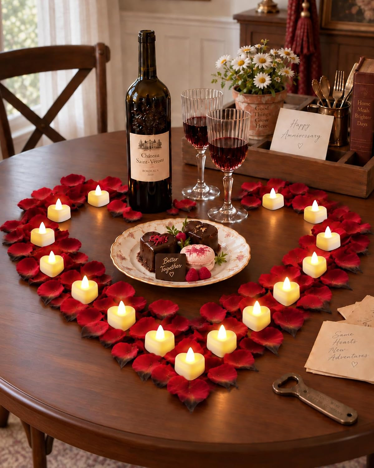 2000 Pieces Artificial Rose Petals with 24 Heart LED Tea Lights Candles Kit, Rose Petals and Candles Set for Proposal, Anniversary, Special Romantic Night, Wedding Table Decor, Birthday