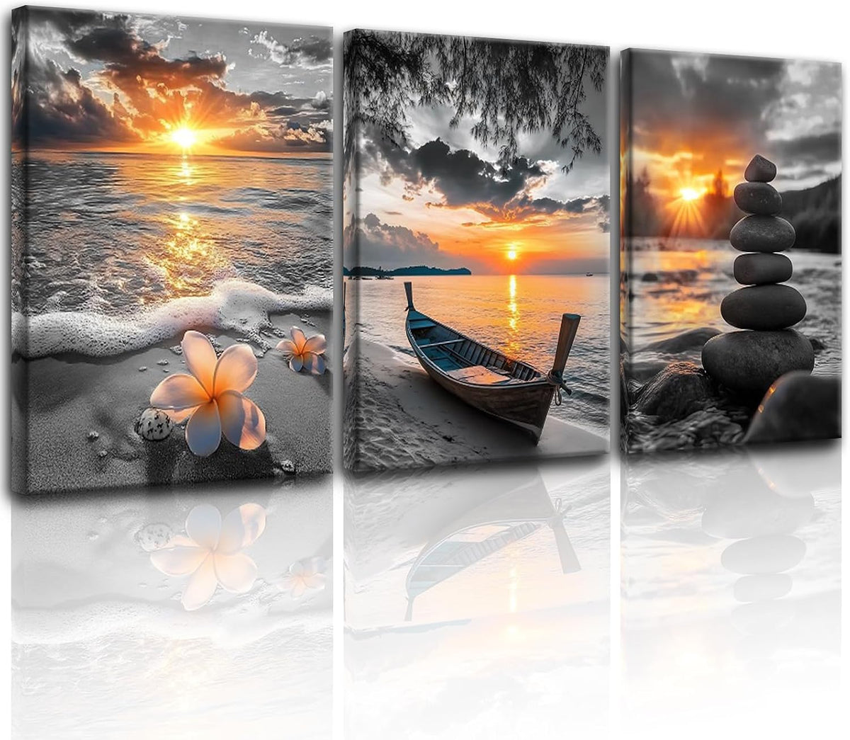 Black and White Gold Beach Wall Art Ocean Poster Coastal Canvas Print Sea Pictures Sunrise Sunset Painting Framed Office Artwork for Bathroom Wall Decor Bedroom Living Room Home Décor