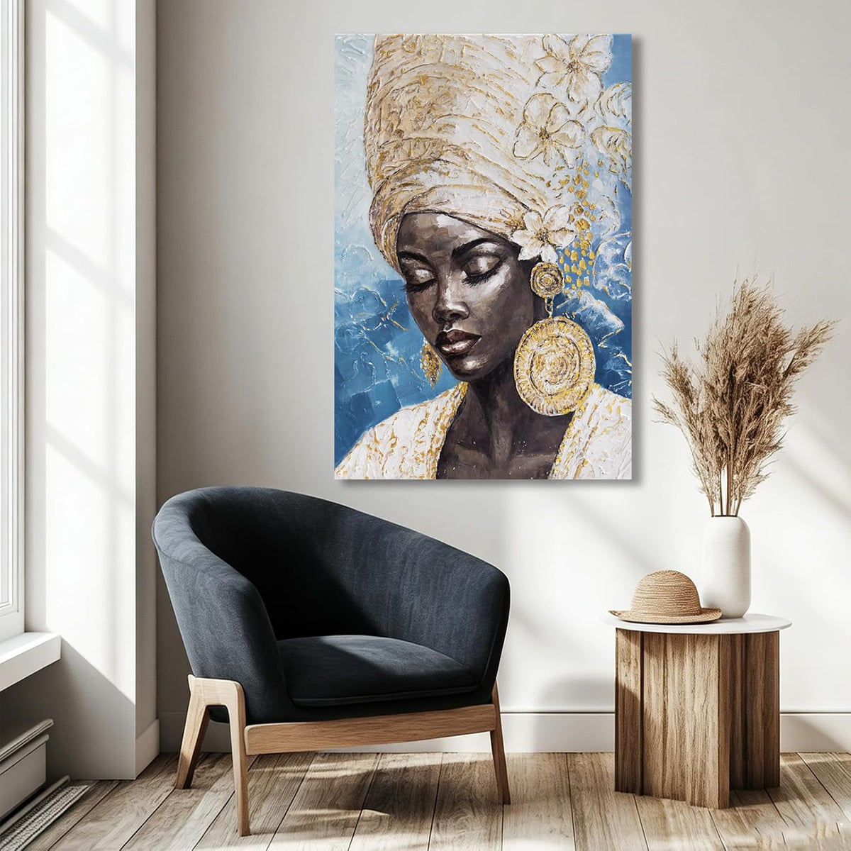 Blue Gold Black Woman Wall Art, Large African American Canvas Wall Art for Living Room Bedroom Office, Modern Portrait Wall Art Print, 32X48 Inch