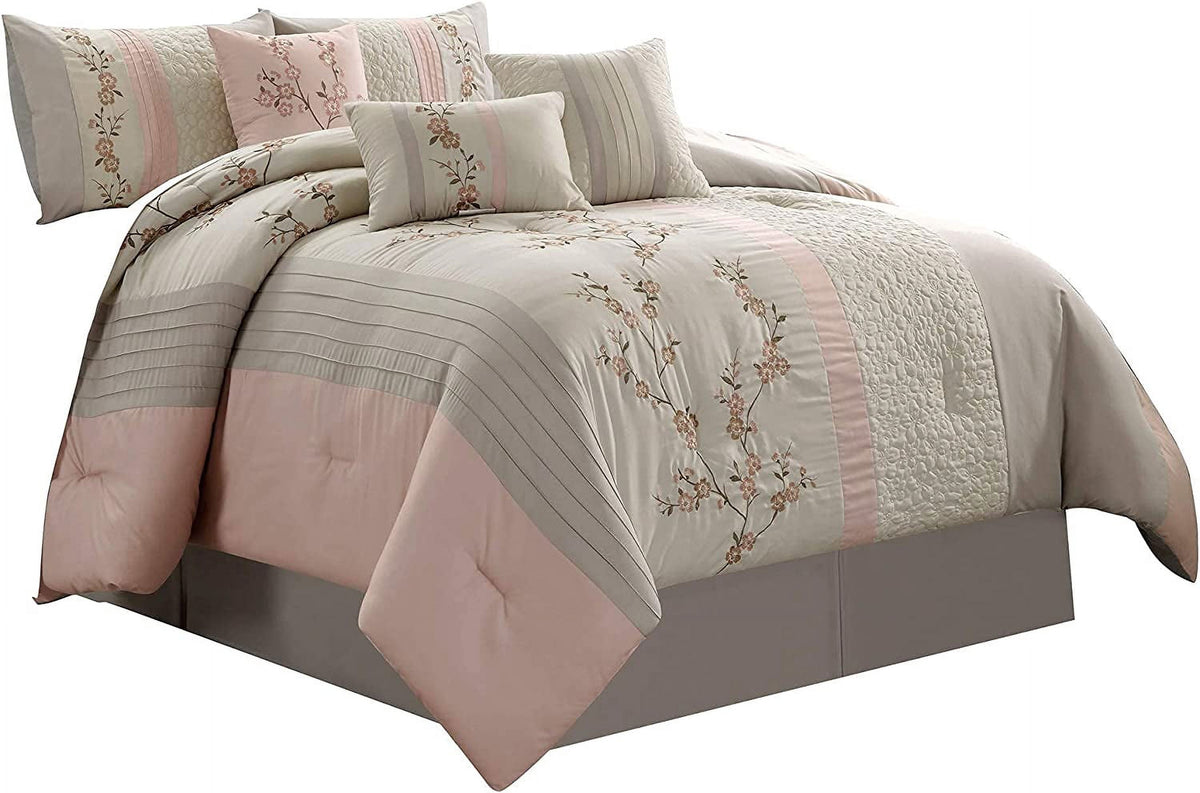 Linnea 7-Piece Luxury Blush Cherry Blossom Floral Embroidery Bedding Comforter Set, Queen