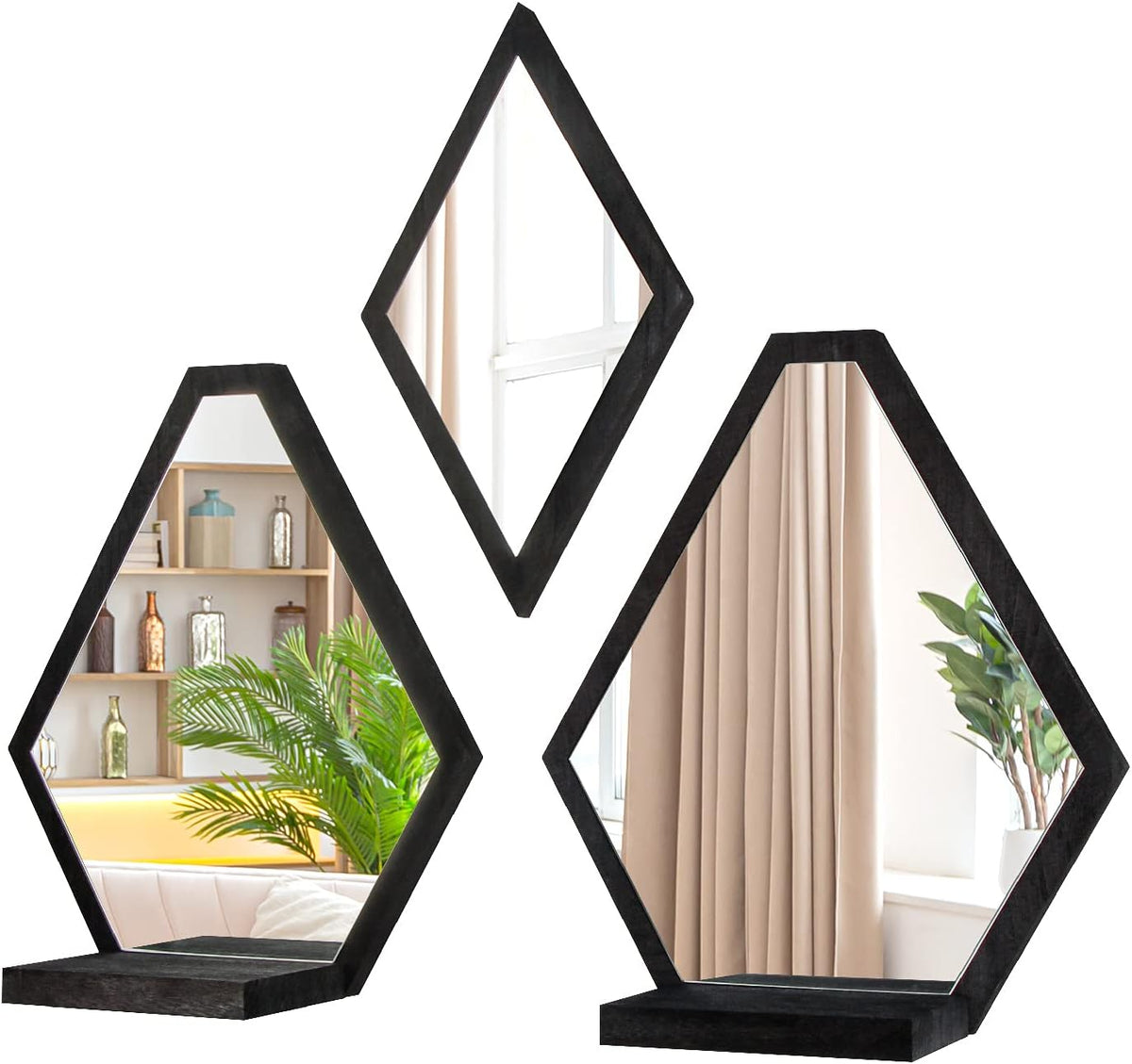 JACKCUBE Design Wall Mount Decorative Mirrors- Set of 3, Geometric Rustic Wood Real Mirror with Shelf for Bedroom, Bathroom, Living Room, Kitchen Wall Art Décor- MK689A